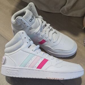Adidas White High-Top Sneakers with Pink and Blue Accents